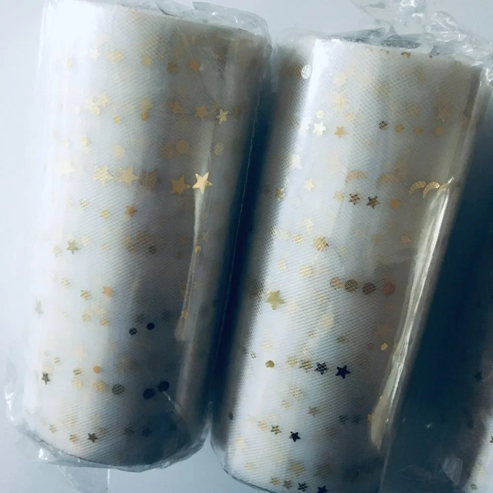3 Rolls White Mesh Tulle Wide Ribbon with Gold Moons & Stars